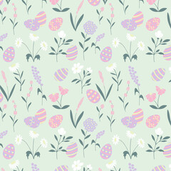 Seamless Easter multicolored pastel botanic pattern of flowers, plants, eggs in flat style. Elegant, aesthetic, stylish hand drawing doodles of vector vintage botanical elements. 