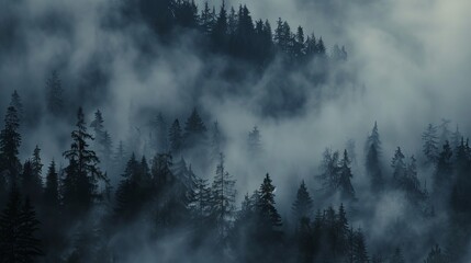 Mysterious fog over a dark grey forest landscape - obrazy, fototapety, plakaty
