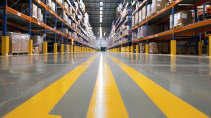 Fototapeta premium Modern warehouse floor with yellow markings on the floor