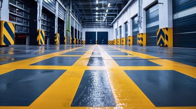 Modern warehouse floor with yellow markings on the floor