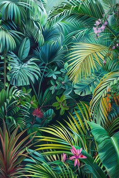 Capture the intricate details of a tropical jungle scene in a close-up perspective with a soulful twist.