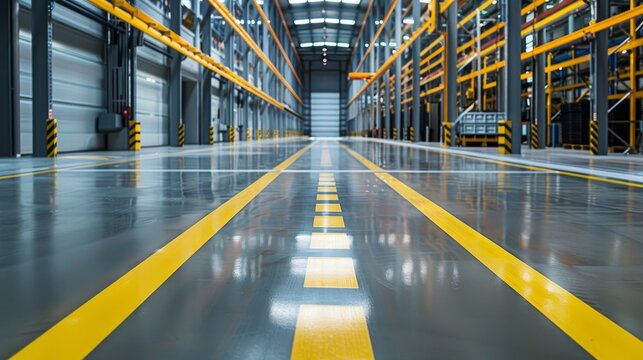Modern warehouse floor with yellow markings on the floor