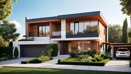 Fototapeta premium Modern Design of Duplex House with path and gardening exterior design
