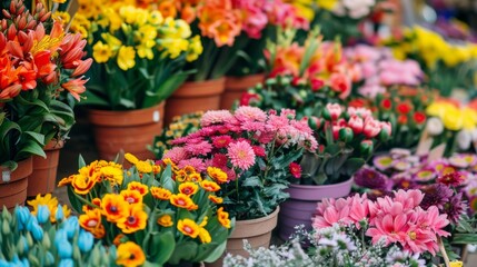Fototapeta na wymiar Colorful blooming flowers at flower shop in pots.