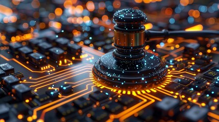 A gavel resting on a glowing circuit board, representing the intersection of law and technology. - obrazy, fototapety, plakaty