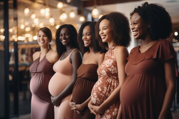 Group of expectant mothers in prenatal yoga class, smiling and focused on wellness practices - obrazy, fototapety, plakaty