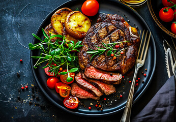 Top view of premium meat steak set in luxury dinner table set.food menu design background.quality of taste concepts