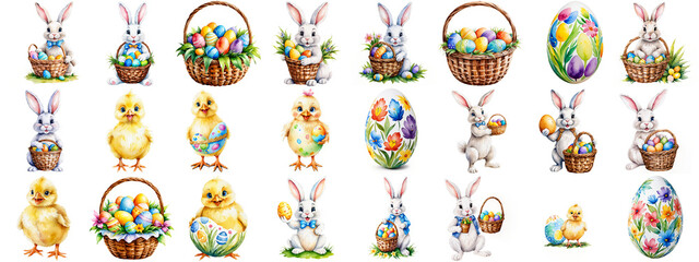 Fototapeta premium Set of 24 isolated watercolor-style Easter illustrations. Collage of Easter eggs, Easter bunny, wicker basket, and chicks isolated with transparent background.