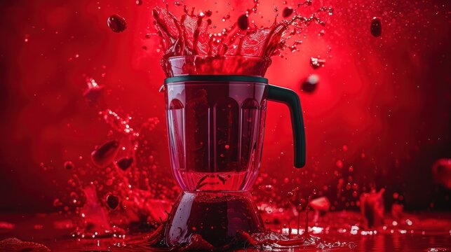 Crimson liquid dances in a glass, its surface adorned with splashes and droplets against a red backdrop