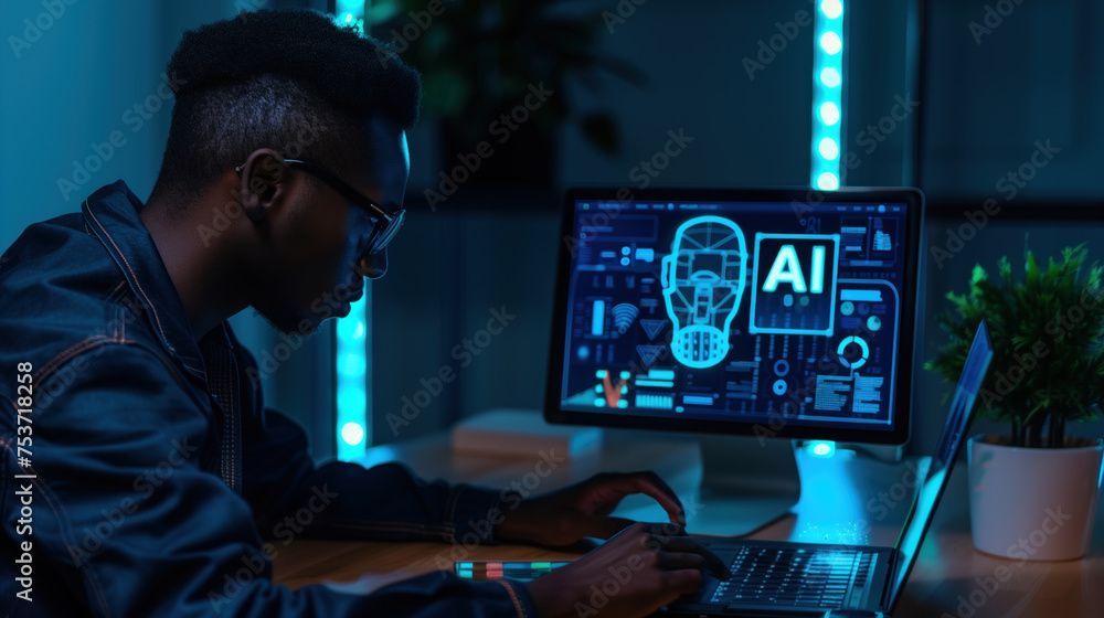 Aufkleber programmer working on ai development with a laptop in a dark room with neon lights