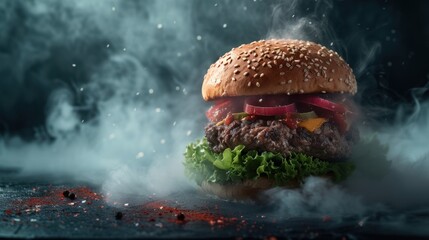 Delectable cheeseburger adorned with melted cheese, as tendrils of steam dance around it. - obrazy, fototapety, plakaty