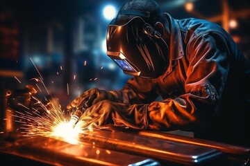 A welder works with a medium-sized pipe. Close-up of professional welding of metal. Blue light in the foreground. - obrazy, fototapety, plakaty
