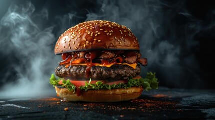 Scrumptious cheeseburger adorned with melting cheese and surrounded by wisps of steam - obrazy, fototapety, plakaty