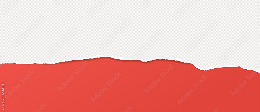 Poster torn, ripped squared paper strip with soft shadow is on red background for text.