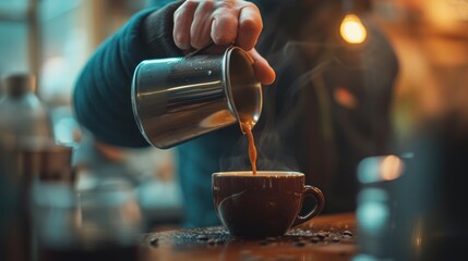 Fototapeta na wymiar Barista pouring milk into a cup of coffee latte art.