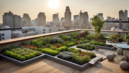 Fototapeta premium Open Roof gardening design with sitting zone, kitchen space and indoor trees interior design