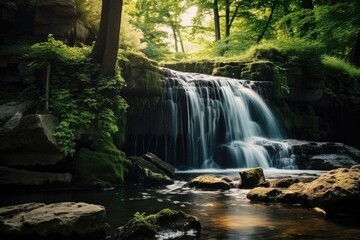Obraz premium A waterfall in a tropical forest, Beautiful waterfall in the forest, long exposure photo with shallow depth of field, waterfall in the forest, Ai generated