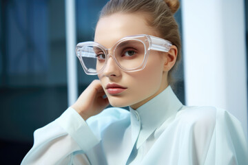 Elegant young woman in oversized clear glasses and a pale blue blouse, a fusion of modern minimalism and sophistication.