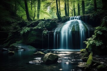 Naklejka premium A waterfall in a tropical forest, Beautiful waterfall in the forest, long exposure photo with shallow depth of field, waterfall in the forest, Ai generated