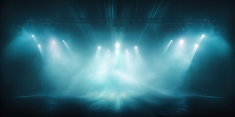 Stage with scenic lights presentation mockup with smoke background. Blue hues event spotlight backdrop