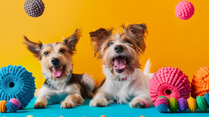 two happy yorkshire terriers playing with dog toys