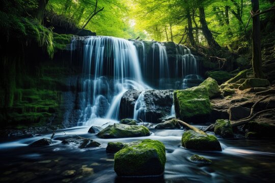 A waterfall in a tropical forest, Beautiful waterfall in the forest, long exposure photo with shallow depth of field, waterfall in the forest, Ai generated