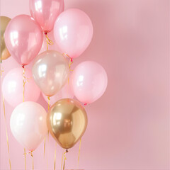 background, birthday party, balloons, pastel pink color, a little gold color