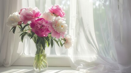 Pink and white peonies flowers in a vase on the windowsill with sunbeams