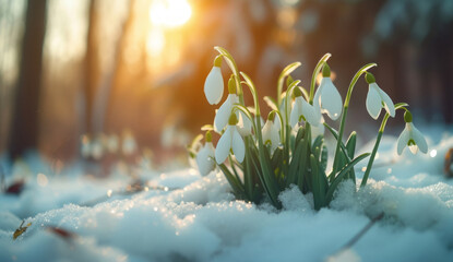 White snowdrops are seen blooming in the snow near the forest, showcasing whimsical floral scenes, realistic still lifes with dramatic lighting, eco-friendly craftsmanship, and low-angle shots. - obrazy, fototapety, plakaty
