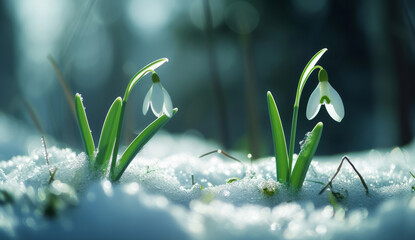 Two snowdrops are seen grown in the snow in a forest, showcasing tilt shift, contemporary Scandinavian art, backlit photography, Swiss realism, and flower power.
