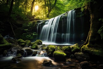 Fototapeta na wymiar Beautiful waterfall in the forest, long exposure photo with shallow depth of field, waterfall in the forest, tropical landscape in the jungle, Ai generated