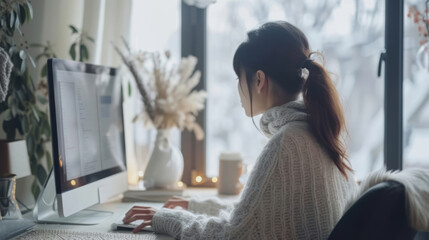 A person is seen sitting at a desk and typing on a computer, showcasing minimalistic Japanese aesthetics, minimalist starkness, and colors of ivory and white. - obrazy, fototapety, plakaty