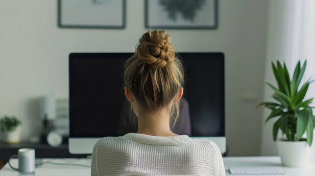 A person is seen working isolated on a white desktop, using a desktop monitor while sitting at a computer, showcasing Japanese minimalism, minimalist photography