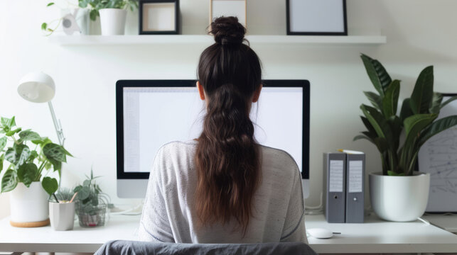 A person is seen sitting at a desk and typing on a computer, showcasing minimalistic Japanese aesthetics, minimalist starkness, and colors of ivory and white.