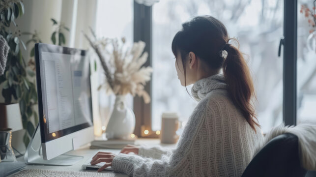 A person is seen sitting at a desk and typing on a computer, showcasing minimalistic Japanese aesthetics, minimalist starkness, and colors of ivory and white.