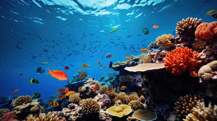 Naklejka na ściany i meble Vibrant underwater scene teeming with fish and coral reefs.