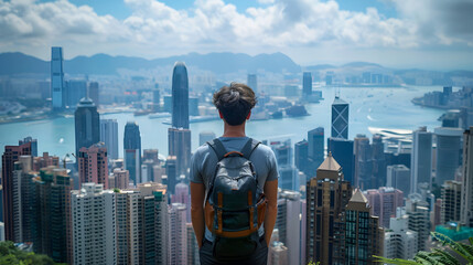 Backpacker Looking Over Hong Kong Skyline