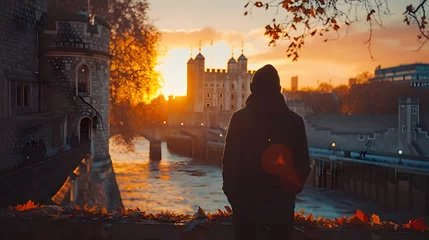 Foto op Plexiglas Tower Bridge Man Watching Sunset over Tower Bridge in London