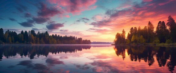 Magical gradient lake reflecting the colors of the setting sun, offering the cutest and most beautiful waterside view.