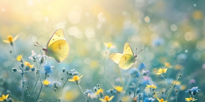 Two yellow butterflies are seen flying in the field of flowers, captured in a bokeh panorama, and showcasing light yellow and blue colors.