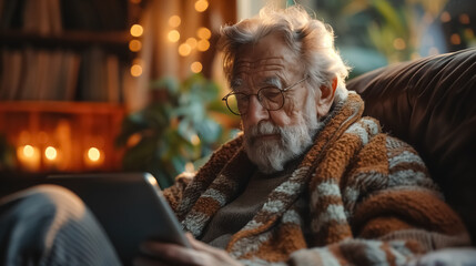 old man with tablet or laptop, senior gen with technology, grandfather looking tablet, elderly person man look news website, warm tone spring - obrazy, fototapety, plakaty