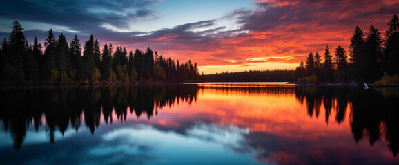 Magical gradient lake reflecting the colors of the setting sun, offering the cutest and most beautiful waterside view. - obrazy, fototapety, plakaty