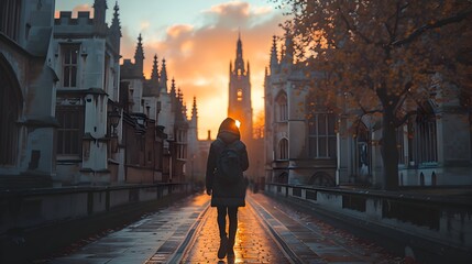 Woman Walking in City Center during Sunset in English Major Style