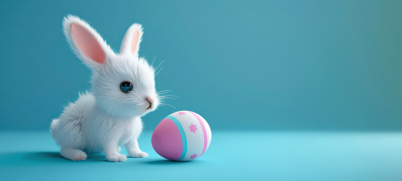 3D cute easter bunny with easter egg on a blue background with copy space. 3d cartoon banner for sales and marketing