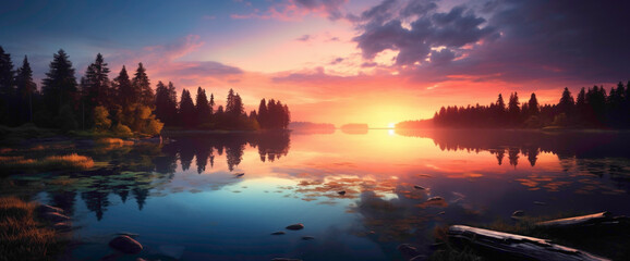 Magical gradient lake reflecting the colors of the setting sun, offering the cutest and most...