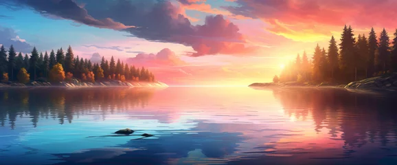 Crédence de cuisine en verre imprimé Réflexion Magical gradient lake reflecting the colors of the setting sun, offering the cutest and most beautiful waterside view.