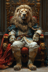 Anthropomorphic lion king sitting on a throne, wearing renaissance clothes, furry character