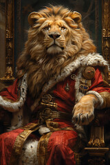 portrait of a king lion sitting on a throne, royal furry anthropomorphic character