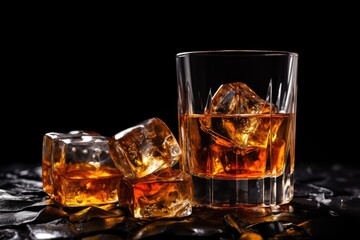 Whiskey on the rocks with ice cubes on a black background, glass of whiskey with ice cubes on plain background, A glass of Scotch whiskey with ice in a rustic style. Whiskey on the rocks, Ai generated