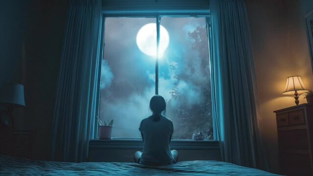 Woman gazing at the moon from inside her room. Contemplative nocturnal scene. Seamless looping 4k timelapse virtual video animation background generated AI 